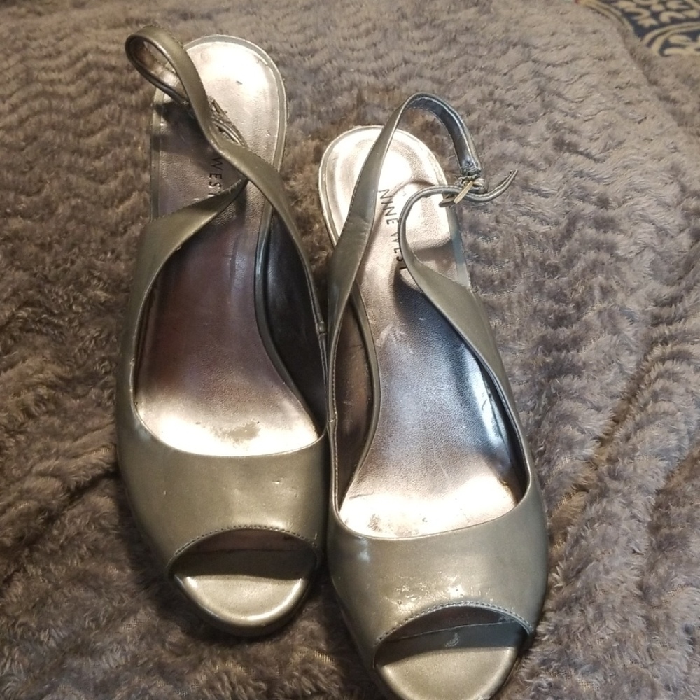 Gray Nine West patent slingback heels